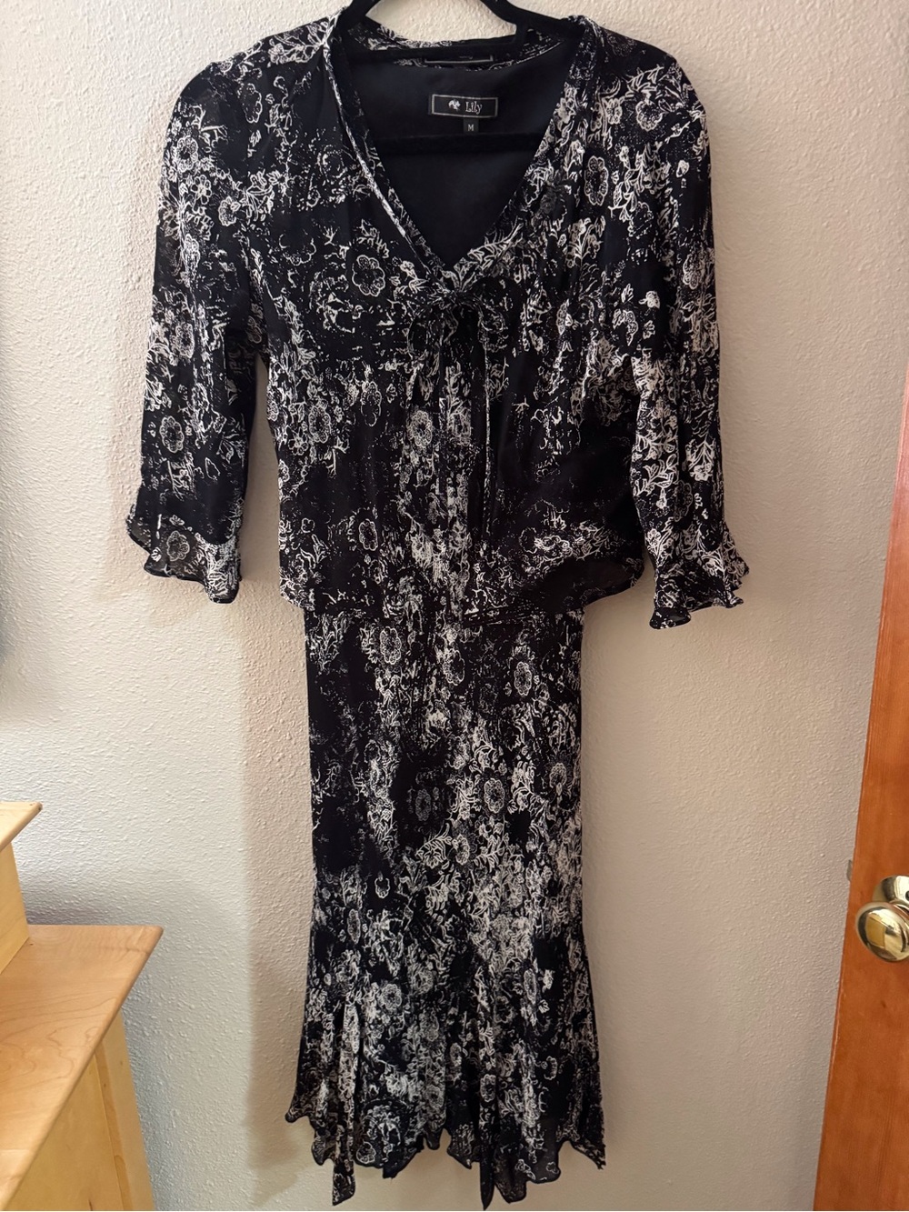 Lily Black and White Floral Tie-Front Maxi Dress with Ruffle Hem